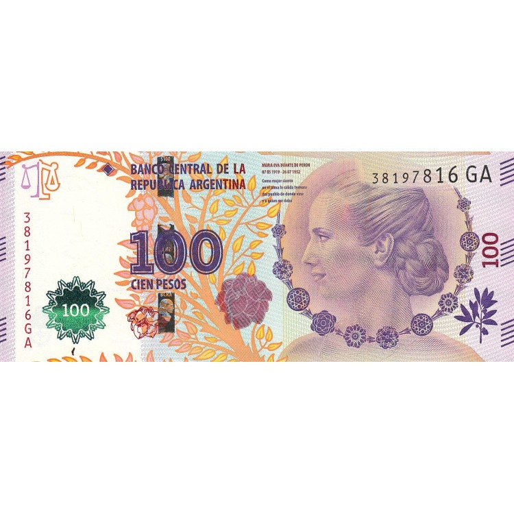 Arjantin 100 Pesos 2012 P#358d Eva Perón ÇİL UNC kağıt para