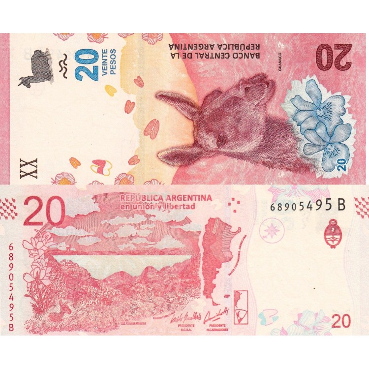 Arjantin 20 Pesos 2017 P#361(2) Guanako ÇİL UNC kağıt para