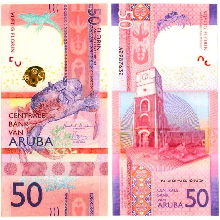 Aruba 50 Florin 2019 P#23 ÇİL/UNC Kağıt Para ön ve arka yüz banknot görseli