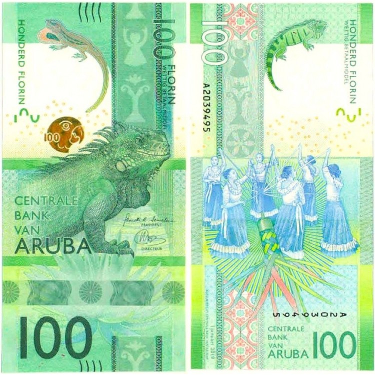 Aruba 100 Florin 2019 P#24 ÇİL/UNC Kağıt Para ön ve arka yüz banknot görseli