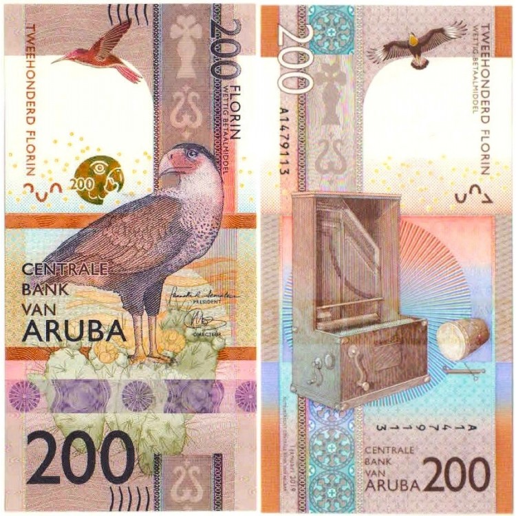 Aruba 200 Florin 2019 P#25 ÇİL/UNC Kağıt Para ön ve arka yüz banknot görseli