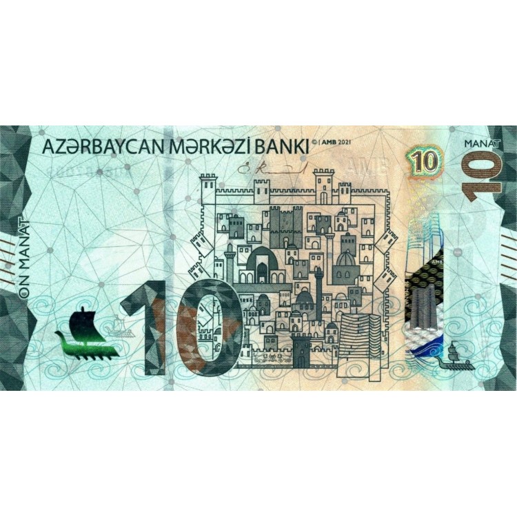 Azerbaycan 10 Manat 2021 P#40 banknot ön ve arka yüz