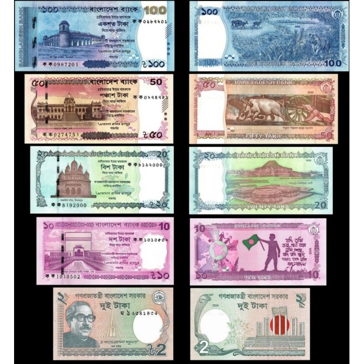BANGLADEŞ 2-10-20-50-100 TAKA 5 li SET, ÇİL, ESKİ YABANCI KAĞIT PARA