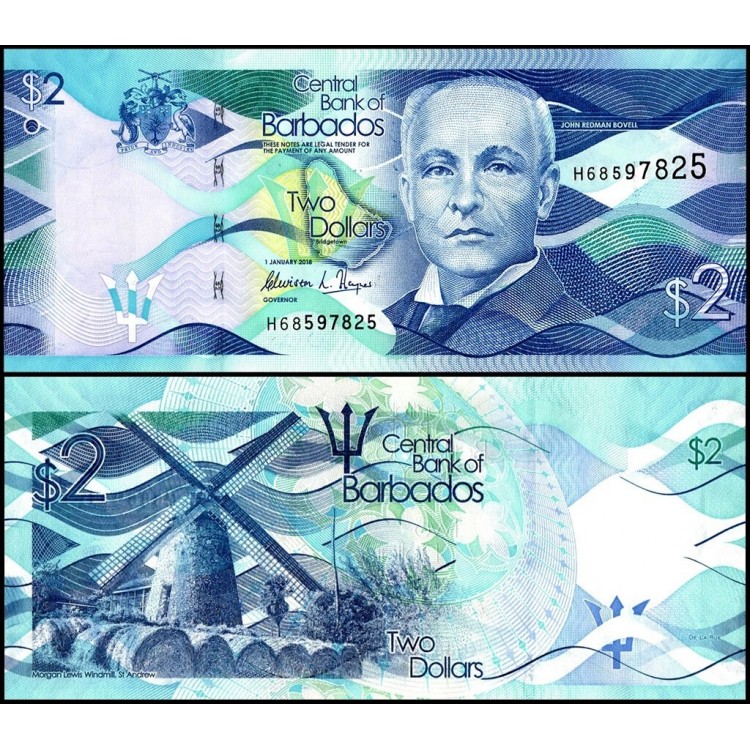 BARBADOS 2 DOLAR 2013, P#73a, ÇİL, ESKİ YABANCI KAĞIT PARA