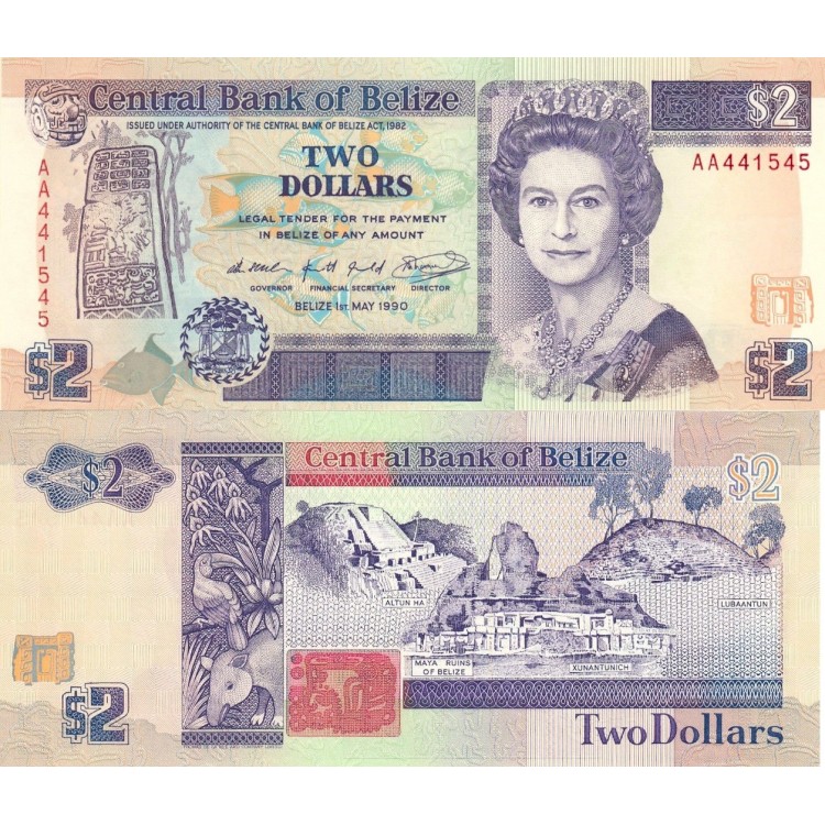 Belize 2 Dolar 1990 P#52a Banknot Belize 2 Dolar 1990 P#52a ÇİL UNC kağıt banknot