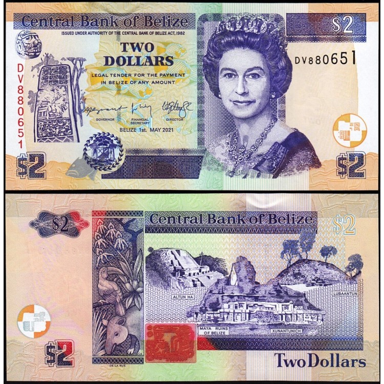 BELİZE 2 DOLAR 2021, P#66g, KRALİÇE II. ELİZABETH, ÇİL, ESKİ YABANCI KAĞIT PARA