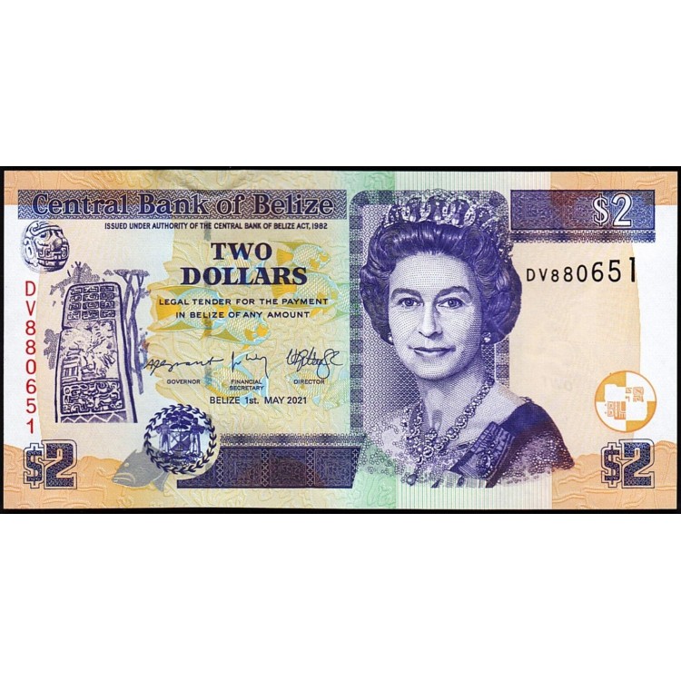 BELİZE 2 DOLAR 2021, P#66g, KRALİÇE II. ELİZABETH, ÇİL, ESKİ YABANCI KAĞIT PARA