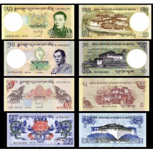 BHUTAN 1-5-10-20 NGULTRUM 4 LÜ SET, ÇİL, ESKİ YABANCI KAĞIT PARA