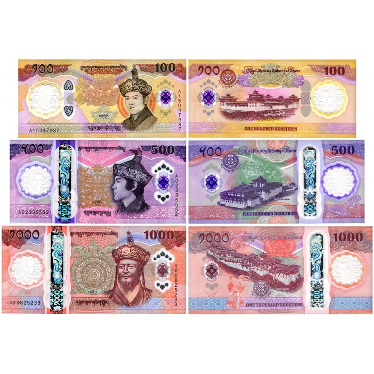 BHUTAN 100-500-1000 NGULTRUM POLYMER HATIRA, 3 LÜ SET, ÇİL