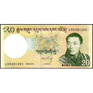 BHUTAN 20 NGULTRUM 2013, P#30b, ÇİL, ESKİ YABANCI KAĞIT PARA
