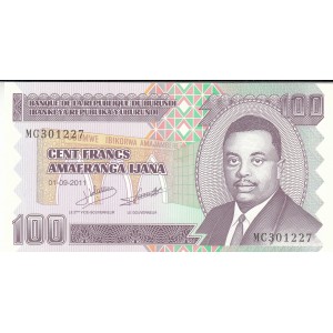 BURUNDİ 100 FRANK (AMAFRANGA) 2011, P#44b, ÇİL, ESKİ YABANCI KAĞIT PARA