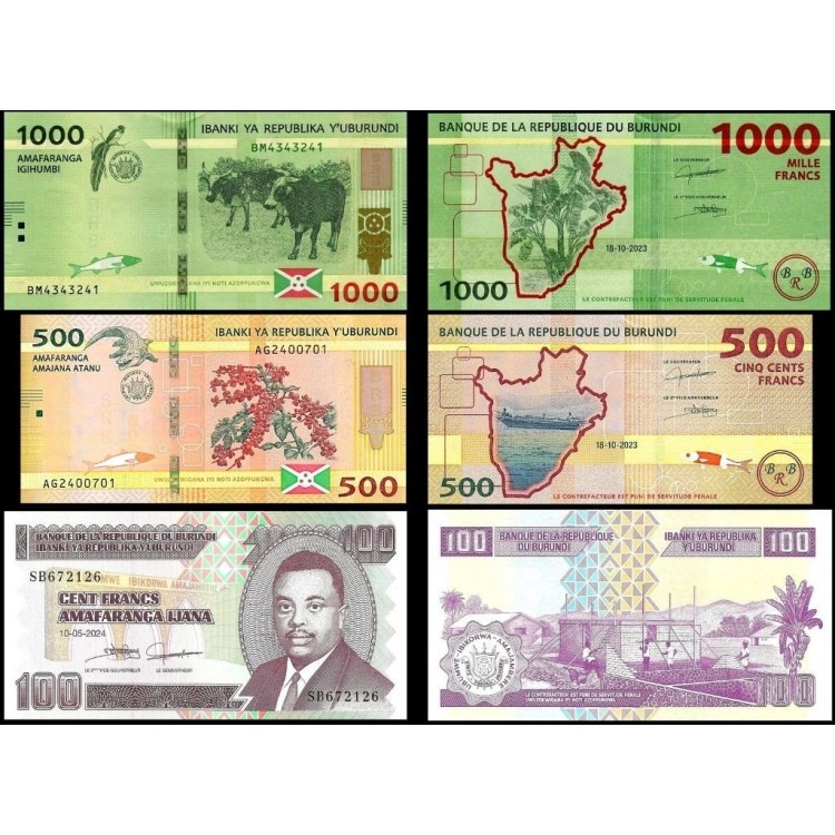 BURUNDİ 100-500-1000 FRANC 3 lü SET, ÇİL, ESKİ YABANCI KAĞIT PARA