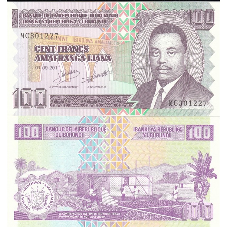 BURUNDİ 100 FRANK (AMAFRANGA) 2011, P#44b, ÇİL, ESKİ YABANCI KAĞIT PARA