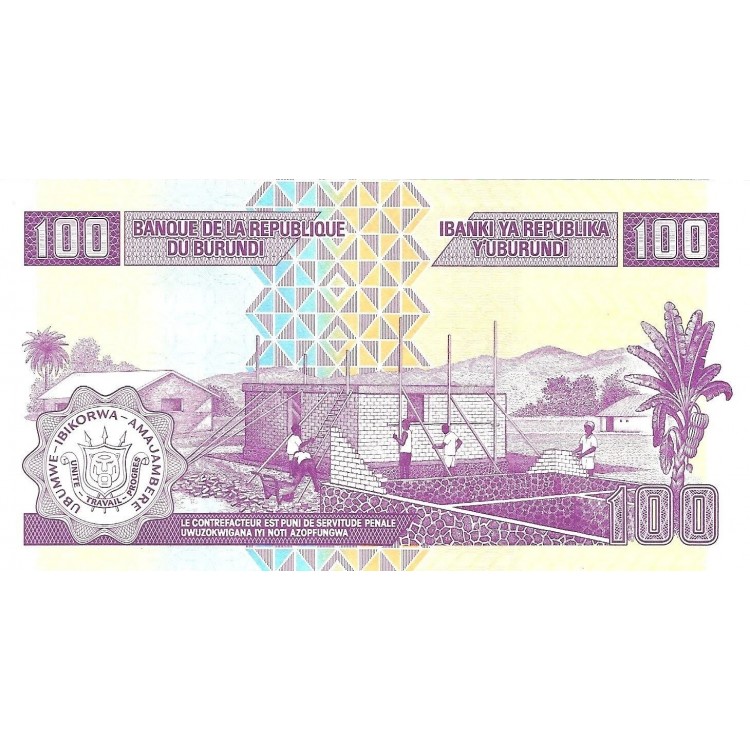 BURUNDİ 100 FRANK (AMAFRANGA) 2024, P#44c, ÇİL, ESKİ YABANCI KAĞIT PARA