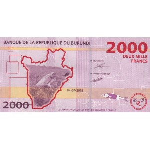BURUNDİ 2000 FRANK (AMAFRANGA) 2018, P#52, ÇİL, ESKİ YABANCI KAĞIT PARA