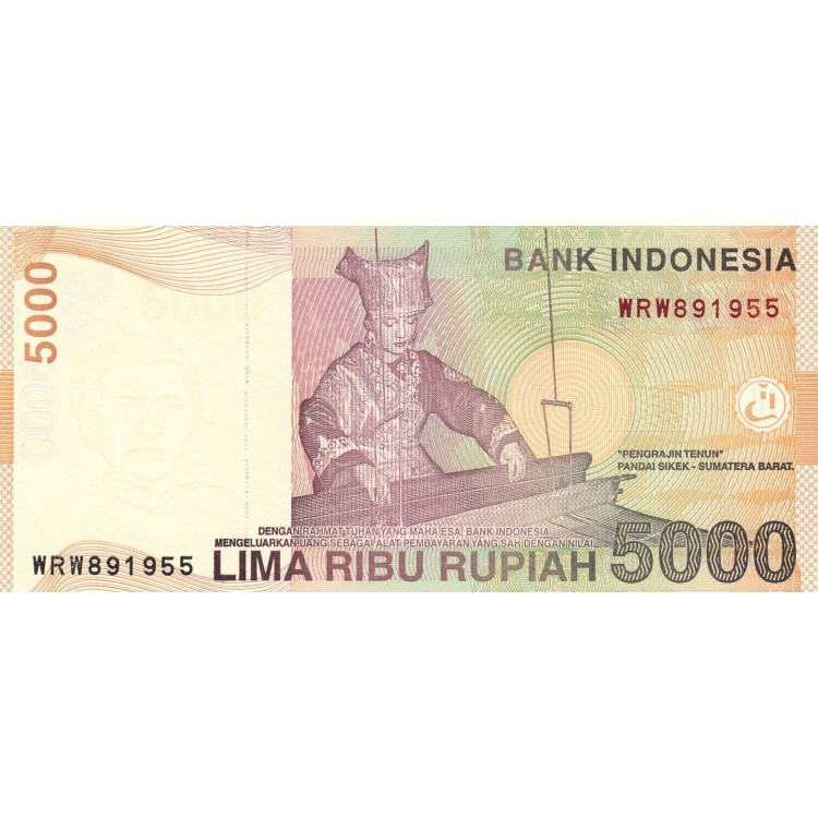 Endonezya 5000 Rupi 2015 P#142o ÇİL UNC kağıt banknot