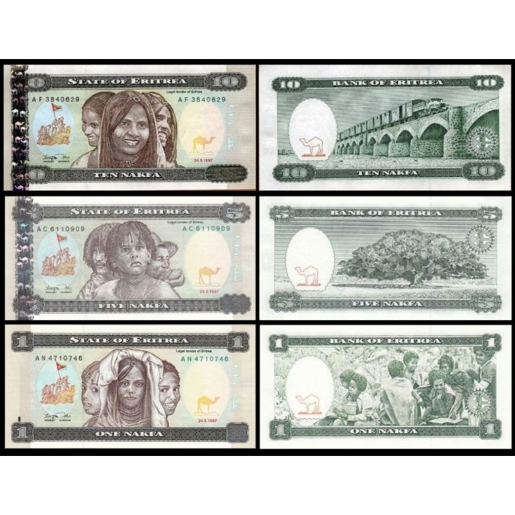ERİTRE 1-5-10 NAKFA 3 LÜ SET, ÇİL, ESKİ YABANCI KAĞIT PARA