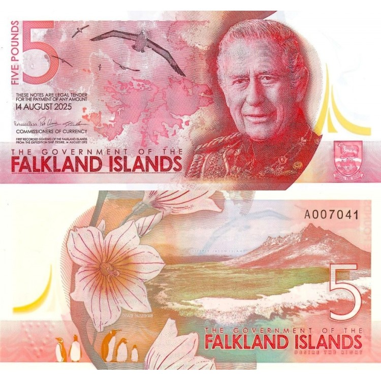 Falkland Adaları 5 Pound 2025 P#20 ÇİL/UNC Polimer Kağıt Para ön ve arka yüz banknot görseli