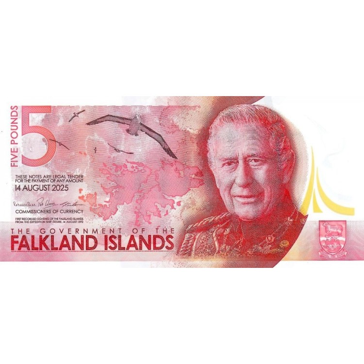 Falkland Adaları 5 Pound 2025 P#20 ÇİL/UNC Polimer Kağıt Para ön ve arka yüz banknot görseli