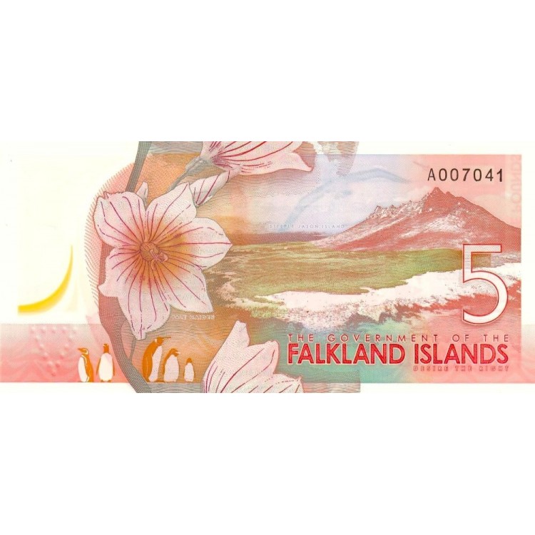 Falkland Adaları 5 Pound 2025 P#20 ÇİL/UNC Polimer Kağıt Para ön ve arka yüz banknot görseli