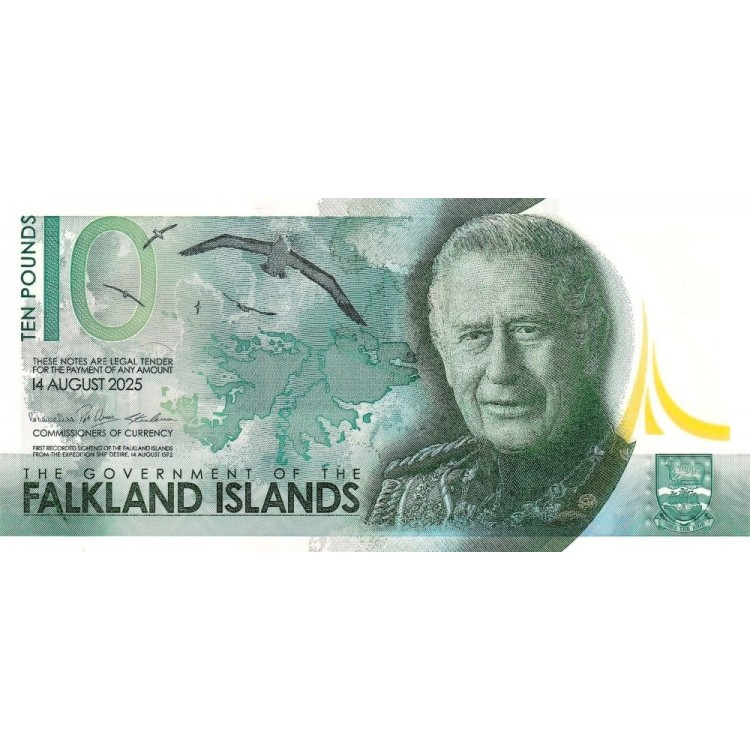 Falkland Adaları 10 Pound 2025 P#21 ÇİL/UNC Polimer Kağıt Para ön ve arka yüz banknot görseli