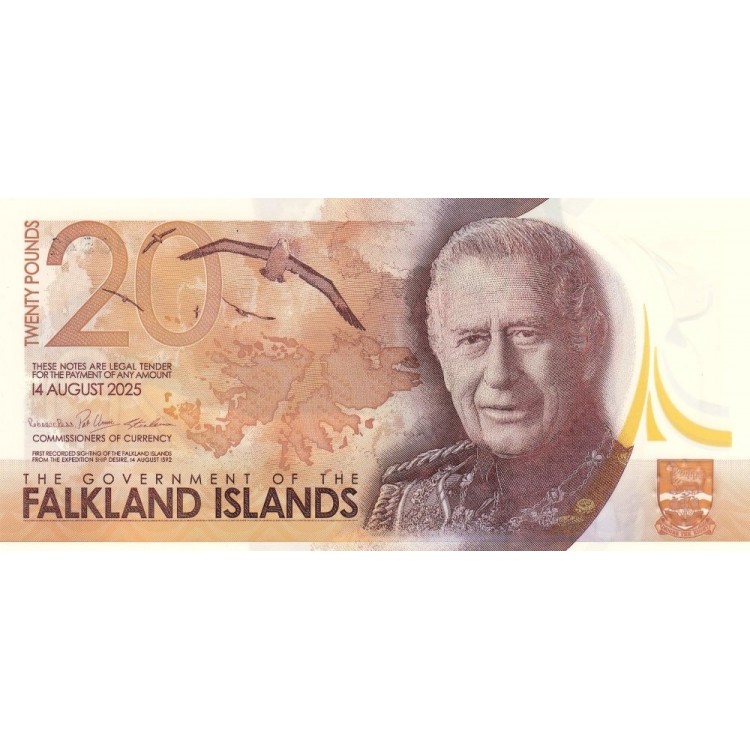 Falkland Adaları 20 Pound 2025 P#22 ÇİL/UNC Polimer Kağıt Para ön ve arka yüz banknot görseli