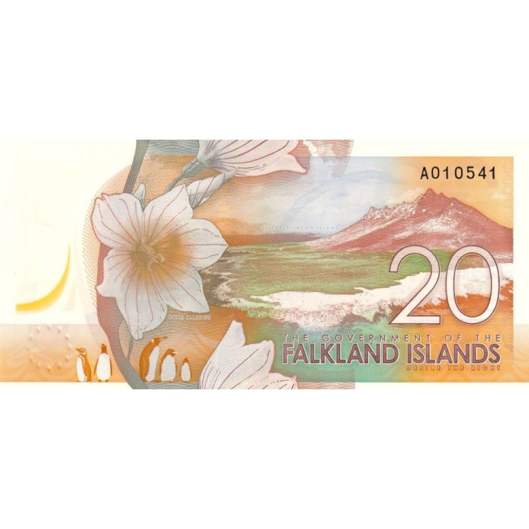 Falkland Adaları 20 Pound 2025 P#22 ÇİL/UNC Polimer Kağıt Para ön ve arka yüz banknot görseli