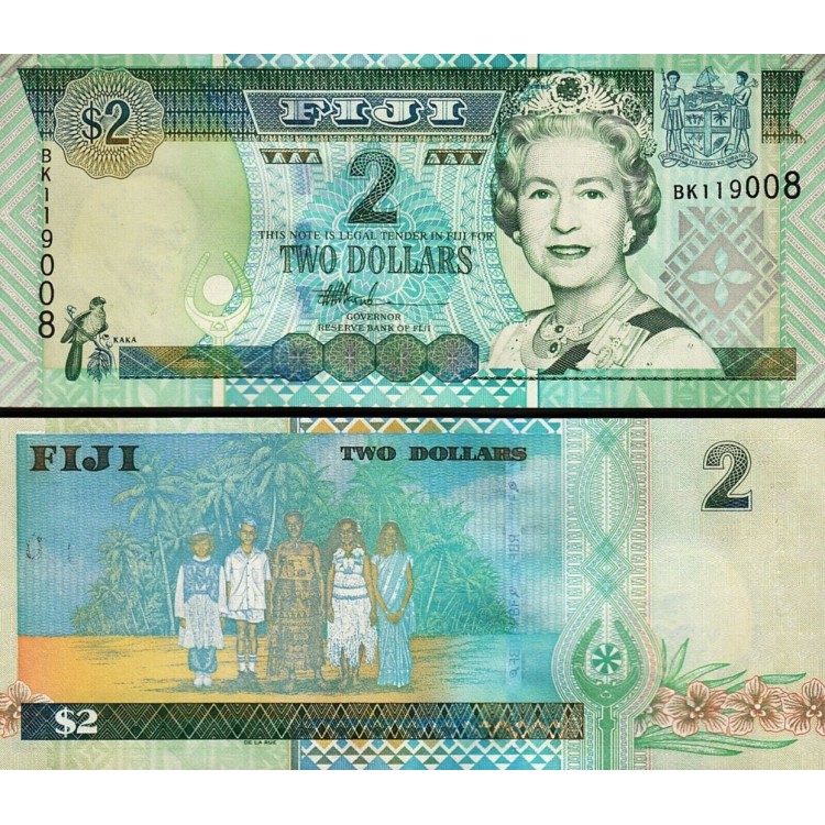 FİJİ 2 DOLAR 2002, P#104, KRALİÇE II. ELİZABETH, ÇİL, ESKİ YABANCI KAĞIT PARA