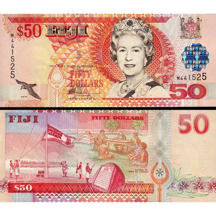 FİJİ 50 DOLAR 2002, P#108a, KRALİÇE II. ELİZABETH, ÇİL, ESKİ YABANCI KAĞIT PARA