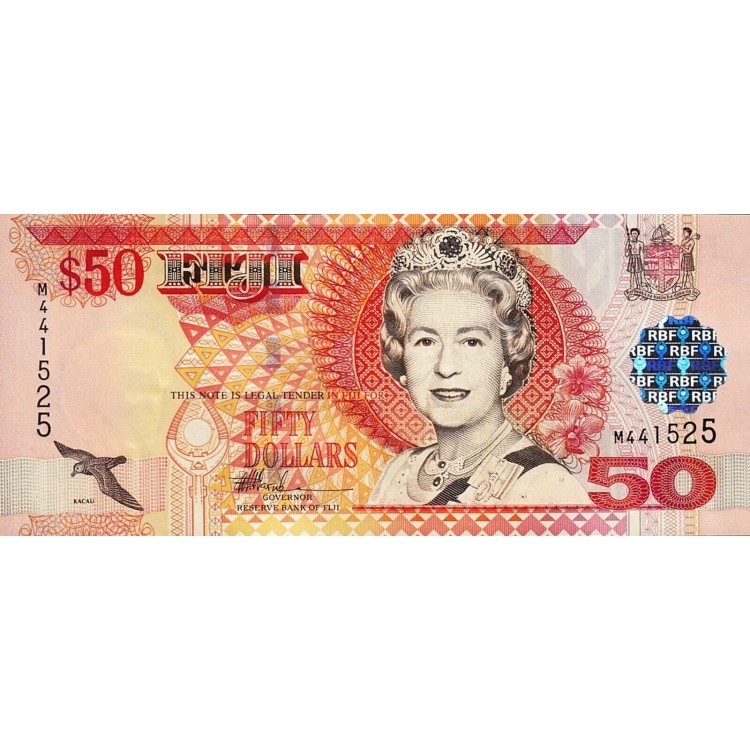 FİJİ 50 DOLAR 2002, P#108a, KRALİÇE II. ELİZABETH, ÇİL, ESKİ YABANCI KAĞIT PARA