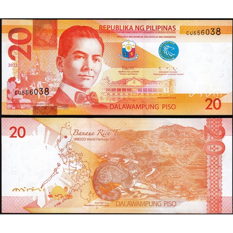 Filipinler 20 Piso 2022 P#206 çil eski yabancı kağıt para