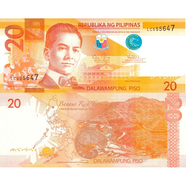 Filipinler 20 Piso 2014B P#206a Kağıt Para Filipinler 20 Piso 2014B P#206a ÇİL UNC kağıt banknot