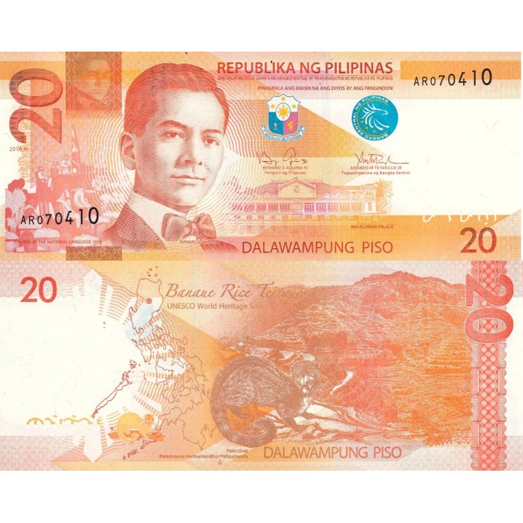 Filipinler 20 Piso 2016H P#206a ÇİL UNC kağıt banknot
