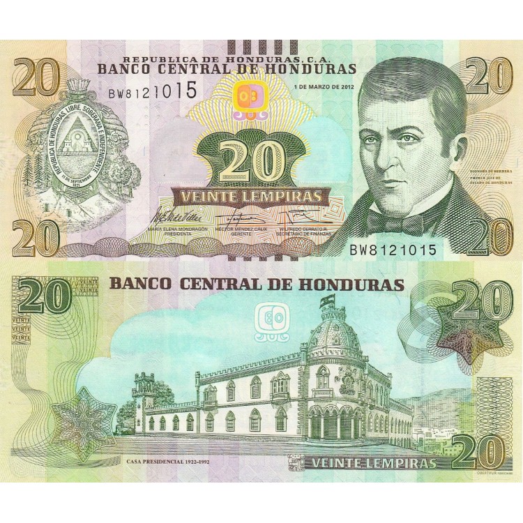 Honduras 20 Lempiras 2012 P#100a ÇİL UNC kağıt banknot