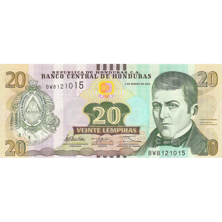 Honduras 20 Lempiras 2012 P#100a ÇİL UNC kağıt banknot