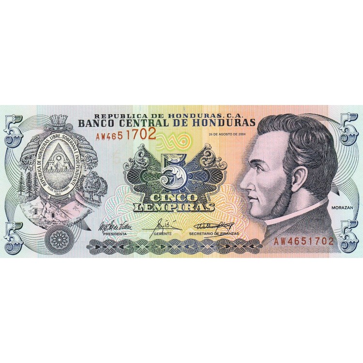 Honduras 5 Lempiras 2004 P#85d Banknot Honduras 5 Lempiras 2004 P#85d ÇİL UNC kağıt banknot