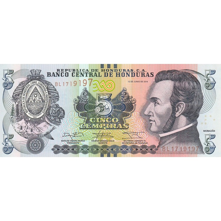 Honduras 5 Lempiras 2014 P#98b Banknot Honduras 5 Lempiras 2014 P#98b ÇİL UNC kağıt banknot