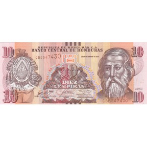 HONDURAS 10 LEMPİRAS 2016, P#99, ÇİL, ESKİ YABANCI KAĞIT PARA