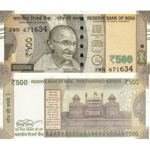 Hindistan 500 Rupi 2021-L P#114 ÇİL/UNC Kağıt Para