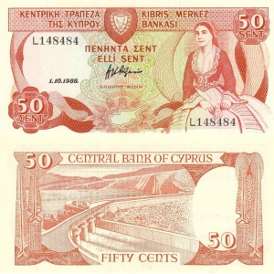 Kıbrıs 50 Cents 1988 P#52b ÇİL/UNC Kağıt Para