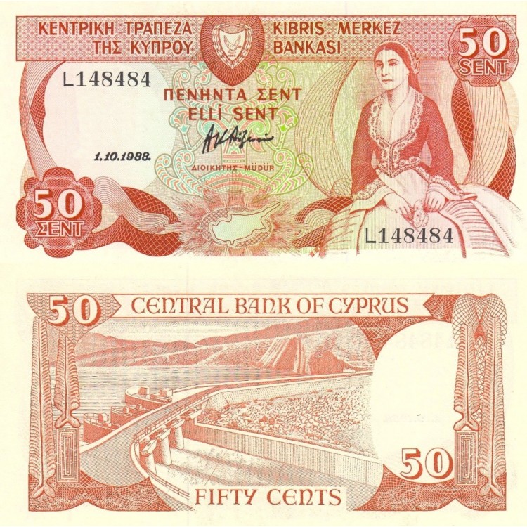 Kıbrıs 50 Cents 1988 P#52b Banknot Kıbrıs 50 Cents 1988 P#52b ÇİL UNC kağıt banknot