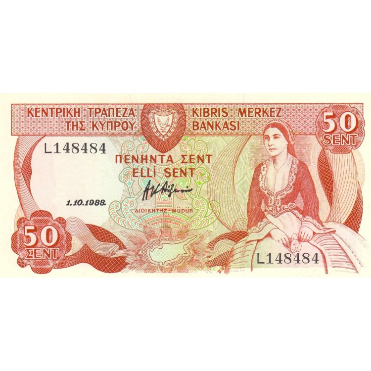 Kıbrıs 50 Cents 1988 P#52b Banknot Kıbrıs 50 Cents 1988 P#52b ÇİL UNC kağıt banknot
