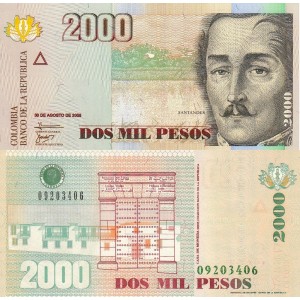 Kolombiya 2000 Pesos 2008 P#457j ÇİL/UNC Kağıt Para