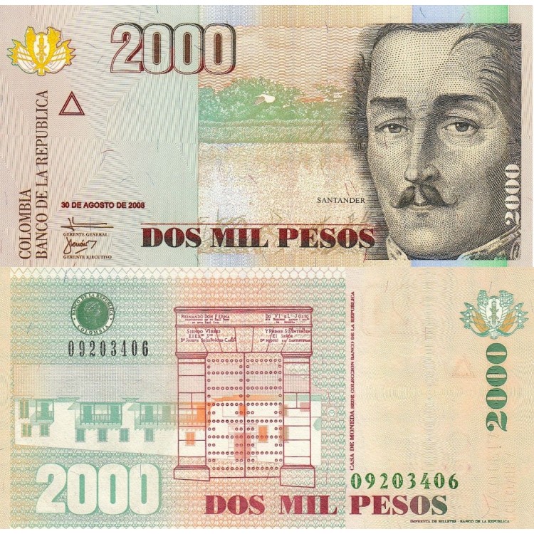 Colombia 2000 Pesos 2008 P#457j ÇİL UNC kağıt banknot