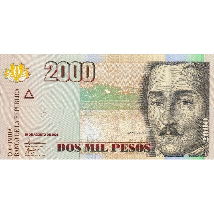 Colombia 2000 Pesos 2008 P#457j ÇİL UNC kağıt banknot