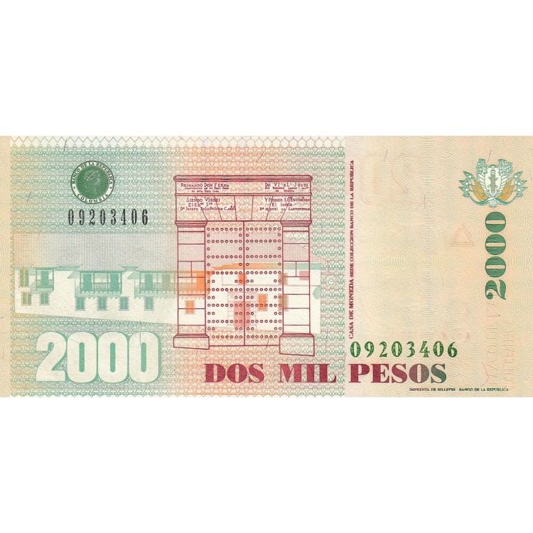 Colombia 2000 Pesos 2008 P#457j ÇİL UNC kağıt banknot