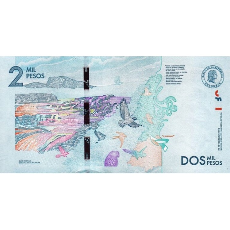 KOLOMBİYA 2000 PESO 2019, P-458e, ÇİL, ESKİ YABANCI KAĞIT PARA