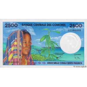 KOMORLAR (COMOROS-COMORES) 2500 FRANC 1997, P#13, ÇİL, ESKİ YABANCI KAĞIT PARA