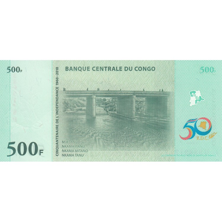 KONGO 500 FRANK 2010 HATIRA, P#100, ÇİL, ESKİ YABANCI KAĞIT PARA