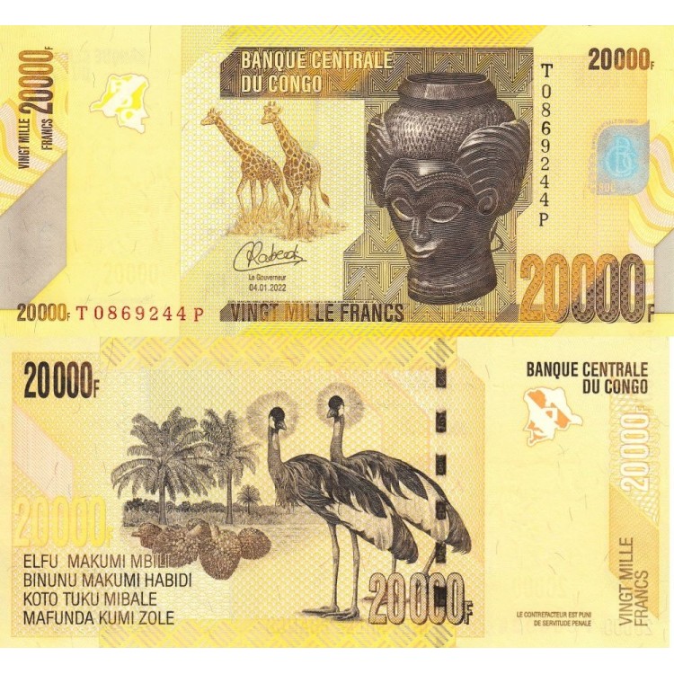 Kongo 20000 Frank 2022 P#104d ÇİL/UNC Kağıt Para ön ve arka yüz banknot görseli